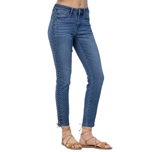 Judy Blue Denim - Judy Blue Relaxed Fit Jeans Medium Wash Stretch Denim Braided Size 32
